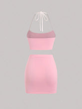 Women Butterfly Bow Decoration Halter Neck Tie Crop Top And Skirt Set